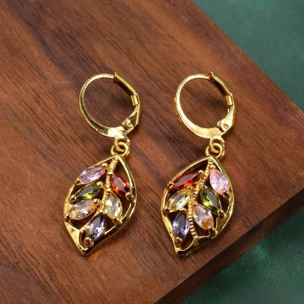 Vintage earrings in multicolor with gold leaf