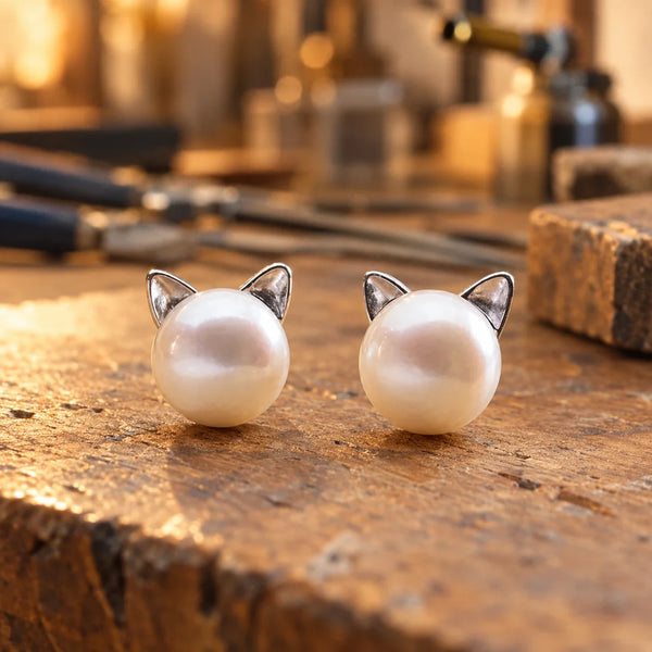 Sterling Silver Cat Pearl Stud Earrings