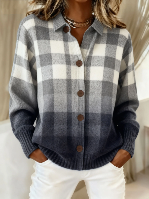 Agnes | Grey Ombre Check Button Cardigan