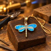 Dragonfly Necklace in Gold with Opal