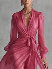 Beatrice | Elegant Chiffon V-Neck Dress with Tie Belt