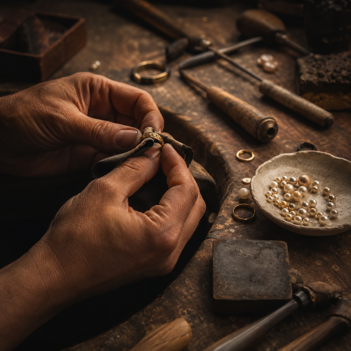 Hands crafting a gold ring in the atelier