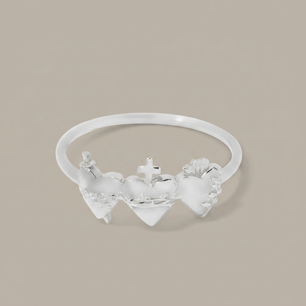 Sacred Hearts of the Holy Family Ring in Sterling Silver