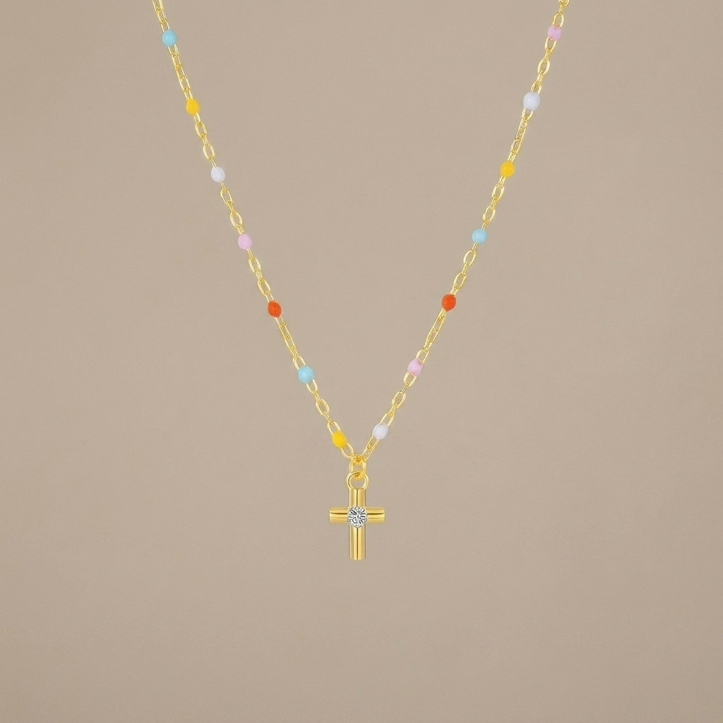 Rainbow Bead Cross Necklace