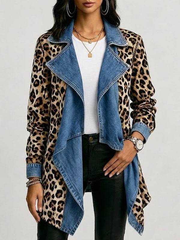 Sherilyn™ | Leopard Print & Washed Denim Panel Mid-Length Jacket