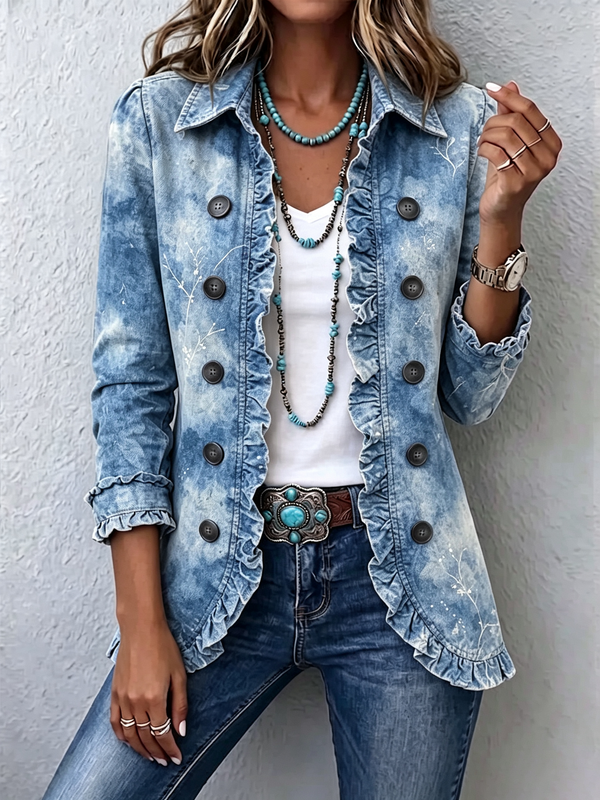 Jemison™ | Boho Style Gradient Vintage Botanical Print Ruffle Detail Jacket