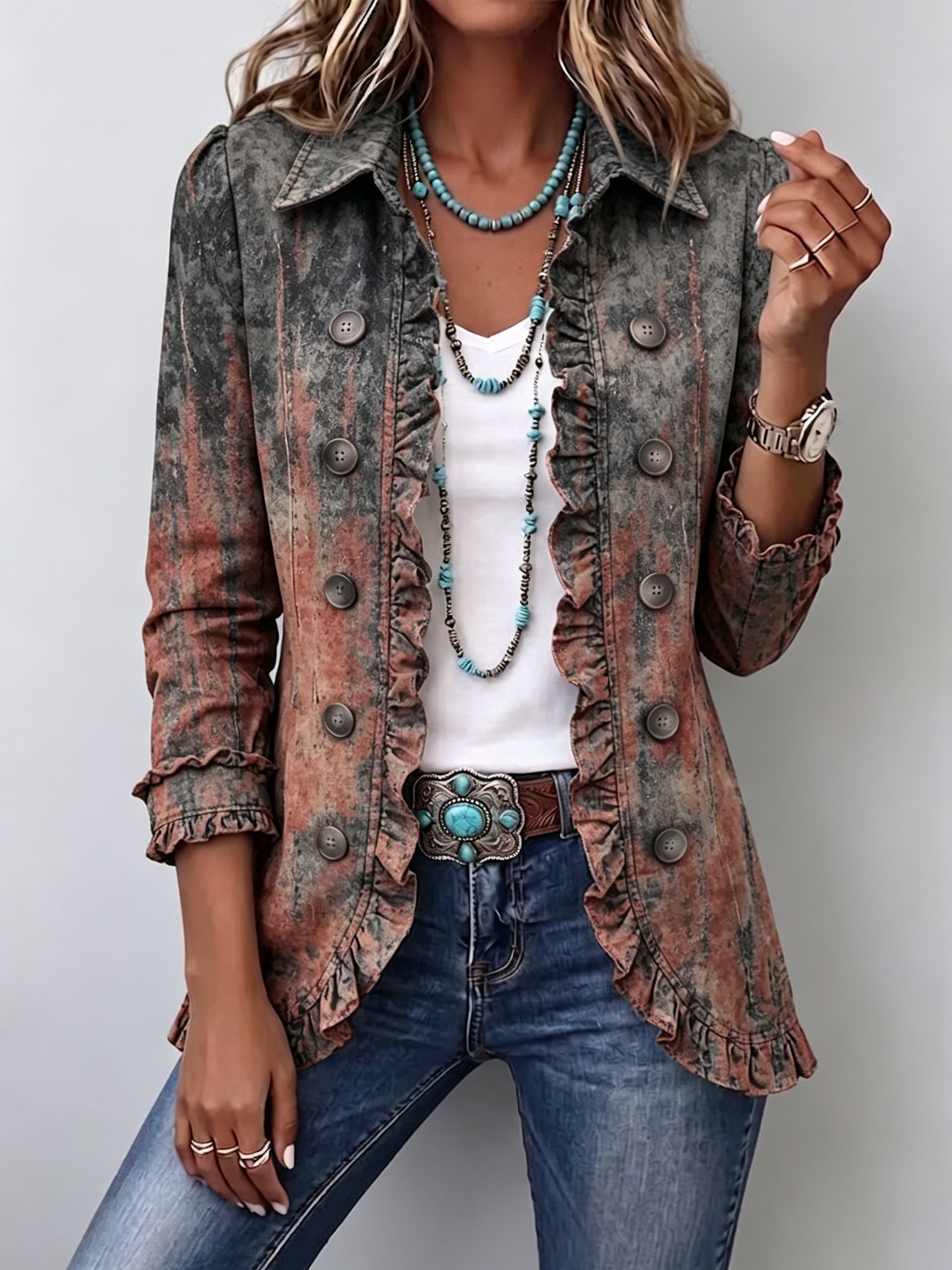 Bristow™ | Vintage Gradient Ruffle Jacket with Textured Print